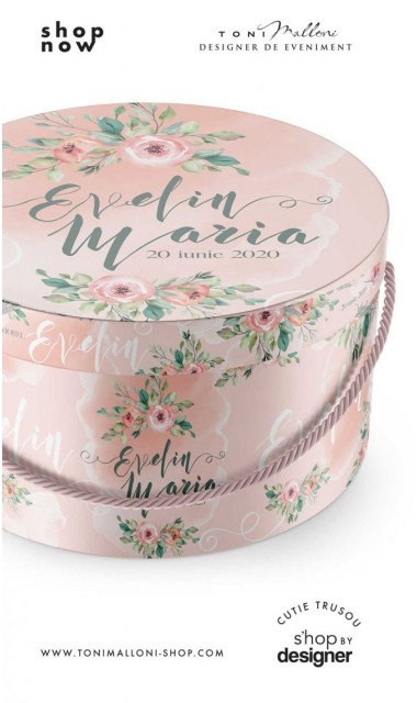 Cutie somon pentru trusou botez rotunda cu flori in stil boho 1